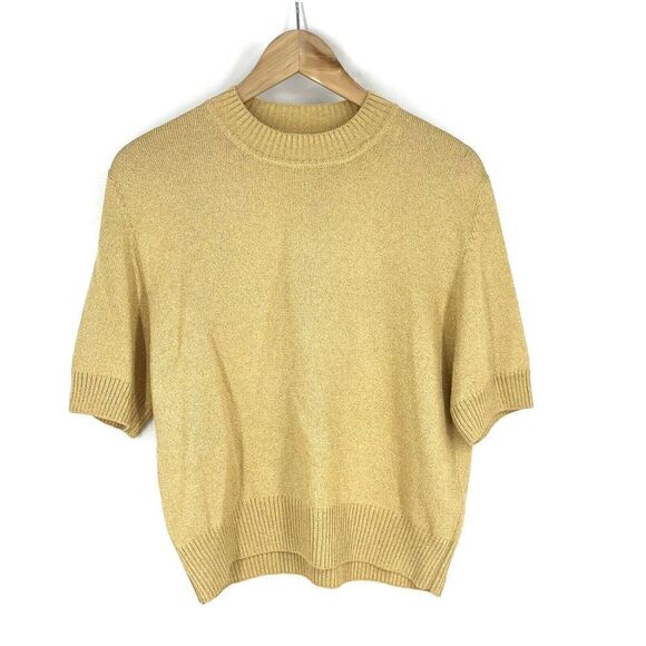 St John Sweater Size Medium Womens Gold Short Sleeve Metallic Santana Knit Crew - Picture 1 of 6